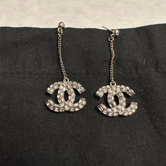 CHANEL Jewelry - Authentic Chanel Crystal Chain CC Logo Dangle Drop Earrings
